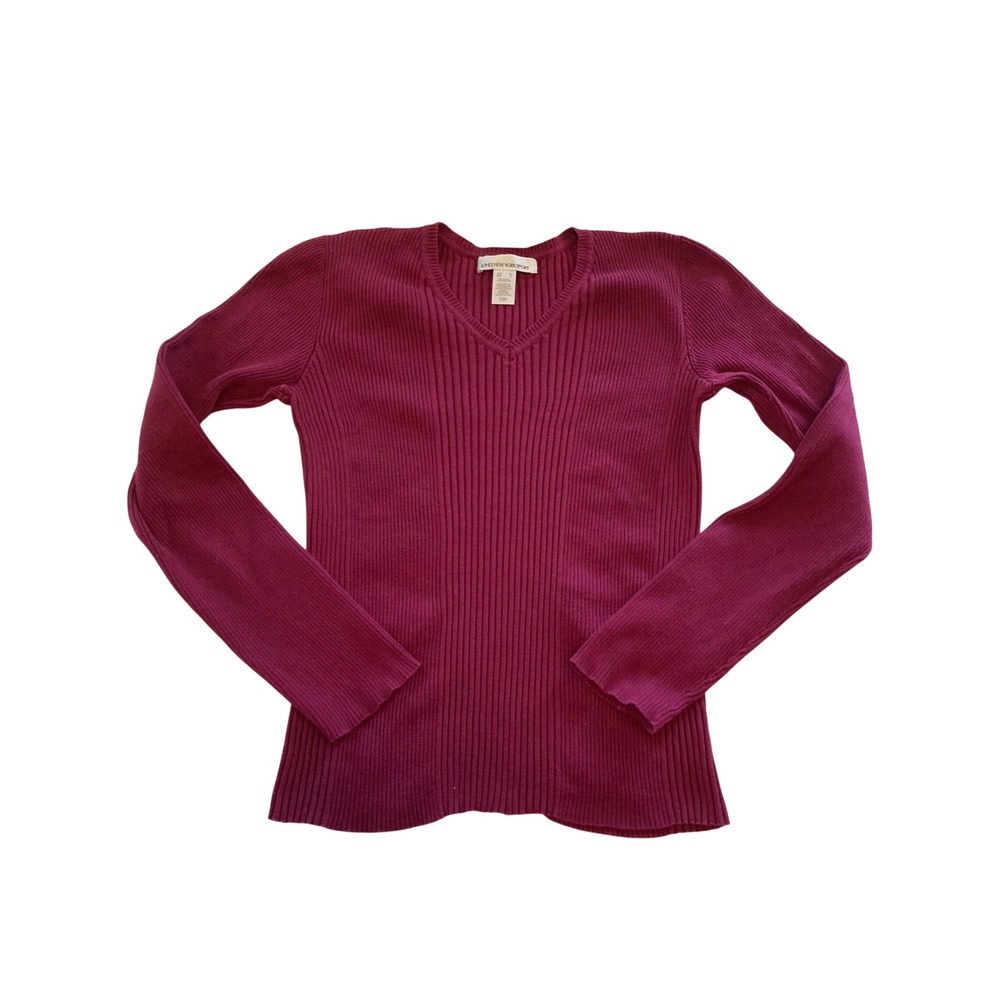 Jones New York Sport Berry Magenta Ribbed V-Neck Cotton Sweater Womens Medium